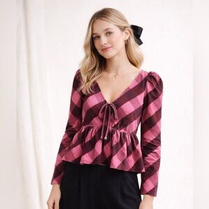 Anthropologie Maeve Pink Plaid Velvet Puff Sleeve Top Size Small